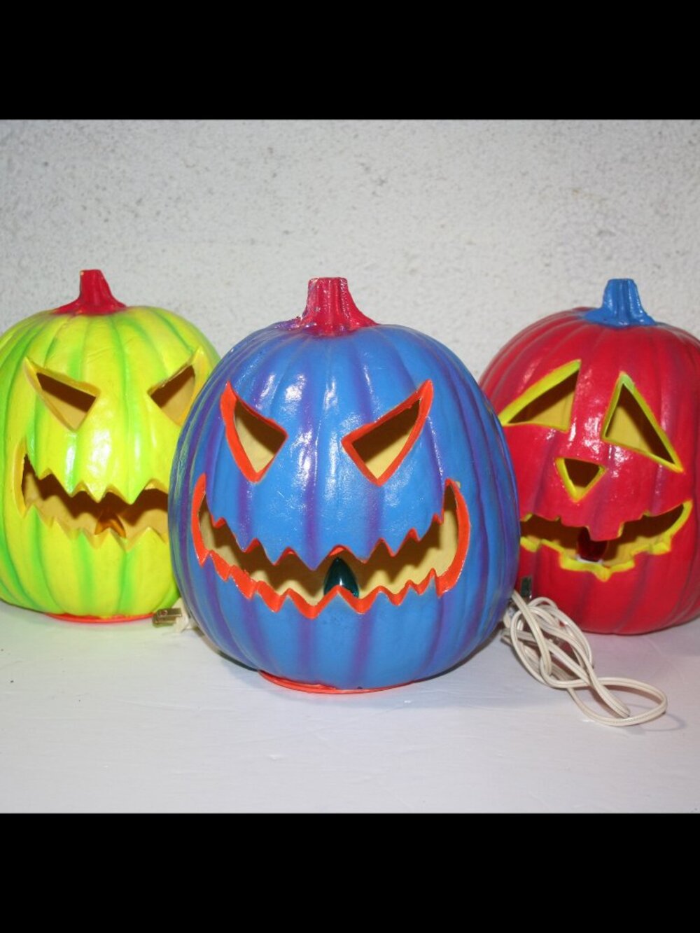 Vintage (3) Trendmasters Neon Colors 1995 Light-Up Foam Pumpkin Jack-O'-Lantern